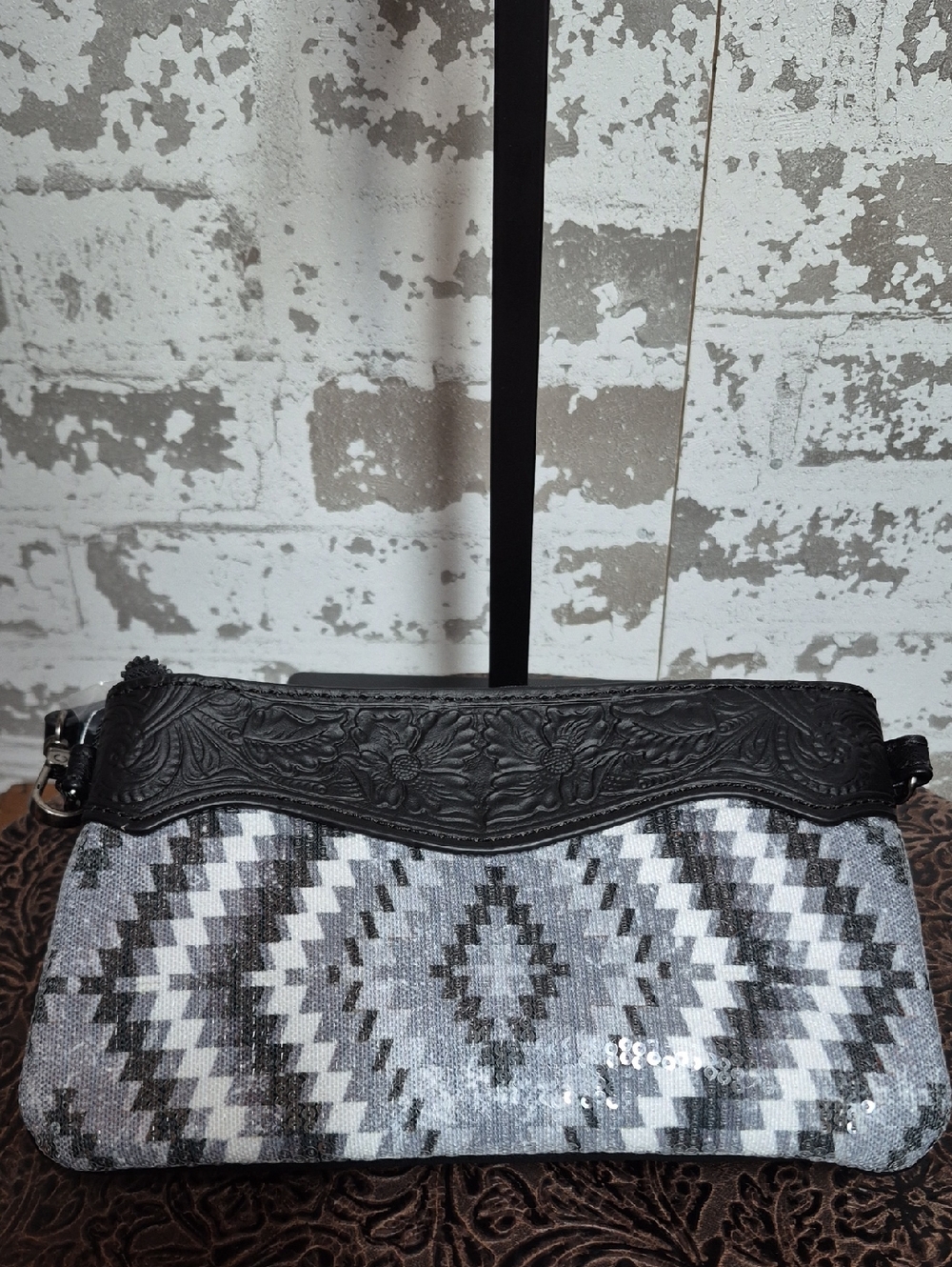 Montana West Black and Gray Aztec Sequin Wristlet Clutch